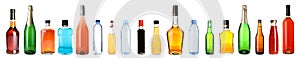 Set of bottles with different liquids on background. Banner design