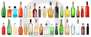 Set of bottles with different liquids on white background. Banner design