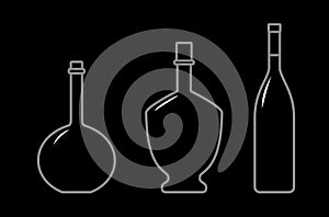 Set Of Bottles Of Different Shapes With A Narrow Neck. Glass Bottles For Various Drinks; Different Liquids. Vector Image.