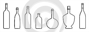 Set Of Bottles Of Different Shapes With A Narrow Neck. Glass Bottles For Various Drinks; Different Liquids. Vector Image Isolated