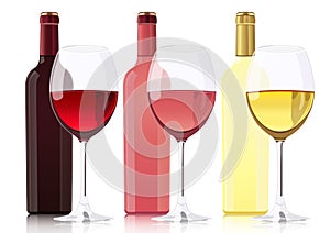 Set of bottles of different types of wines. Bottle of red wine, bottle of rose wine, bottle of white wine and glass