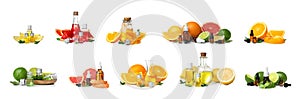 Set with bottles of essential oils and fresh citruses on background. Banner design