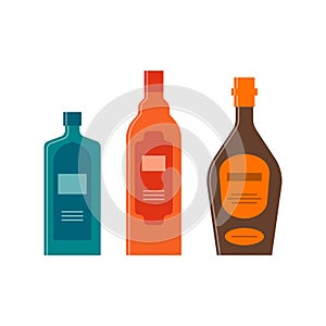 Set bottles of gin, balsam, brandy. Great design for any purposes. Icon bottle with cap and label. Flat style. Color form. Party