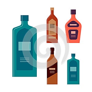 Set bottles of gin rum cream brandy gin. Icon bottle with cap and label. Graphic design for any purposes. Flat style. Color form.
