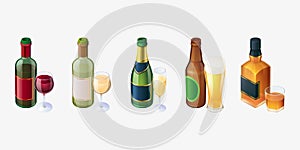 Set bottles and glasses, red and white wine, beer