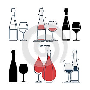 Set of bottles and glasses with red wine in different styles. Template alcohol beverage for restaurant, bar, pub. Symbol party.