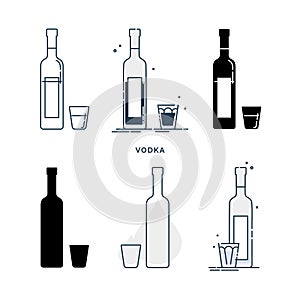 Set of bottles and glasses with vodka in different styles. Template alcohol beverage for restaurant, bar, pub. Symbol party.