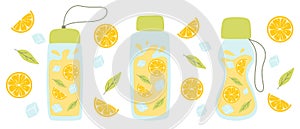 Set of bottles with lemonade. Collection of Cool lemonades with lemon slices, mint and ice.