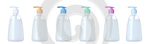 Set with bottles of liquid soap on white background. Banner design