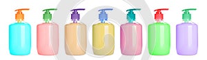 Set with bottles of multicolored liquid soap on white background. Banner design