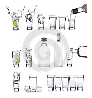 Set with bottles and shots of vodka on background