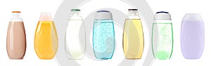 Set with bottles of shower gels on white background. Banner design