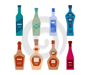 Set bottles of vodka vermouth gin liquor whiskey balsam brandy wine. Icon bottle with cap and label. Graphic design for any