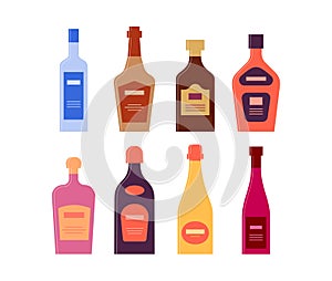 Set bottles of vodka whiskey rum cream liquor balsam champagne wine. Icon bottle with cap and label. Graphic design for any