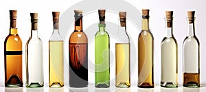 A set of bottles on a white background. Collection of alcoholic beverages. Version with Cork, without Foil. AI Generated