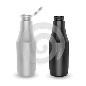 Set of bottles. White and black plastic container for Ketchup or mustard, nutritional supplements. Illustration isolated on white