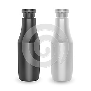 Set of bottles. White and black plastic container for Ketchup or mustard, nutritional supplements. Illustration isolated on white