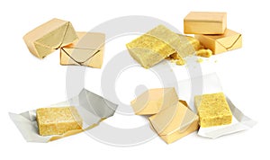Set with bouillon cubes on white background