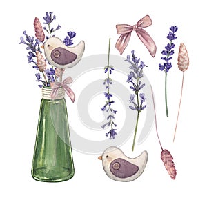 Set bouquet of lavender in a glass vase isolated on a white background Watercolor illustration of Provencal flowers. French style