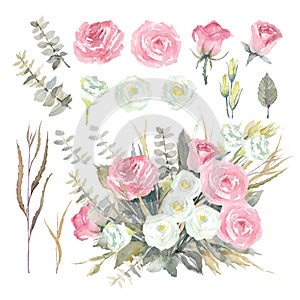 Set of bouquet, pink rose, white lisianthus, eucalyptus