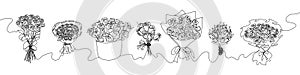 Set of bouquets continuous line drawing. One line art of decoration, flowers, roses, garden flowers, bouquet, floristry