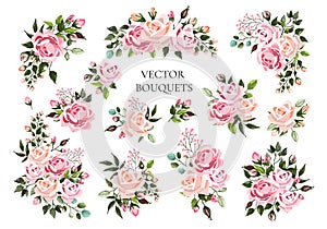 Set of bouquets pale pink and peachy flower roses with green leaves photo