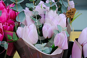 Set of bouquets of tulips of different colors in a street stall selling flowers, Estonia.