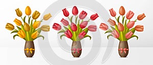 Set of bouquets with tulips in vase with bows. Different colors of flowers such as yellow, red and pink