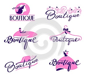 Set of Boutique Lettering and Typography. Hand Drawn and Typing Writings with Elegant Cursive Font with Woman Dress, Hat