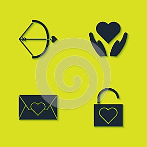 Set Bow and arrow, Lock heart, Envelope with Valentine and Heart hand icon. Vector