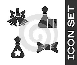 Set Bow tie, Merry Christmas ringing bell, Santa Claus bag gift and Gift box and bag icon. Vector