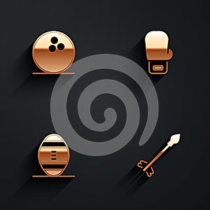 Set Bowling ball, Boxing glove, American Football and Medieval arrows icon with long shadow. Vector