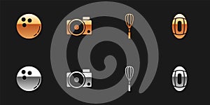 Set Bowling ball, Photo camera, Kitchen whisk and American Football icon. Vector