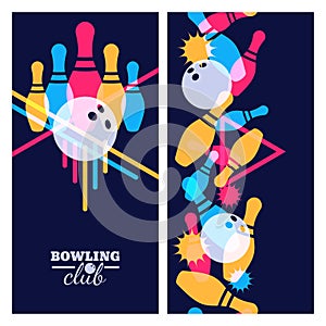 Set of bowling banner, poster, flyer or label design elements. Vertical seamless colorful black background.