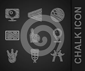 Set Bowling pin and ball, Billiard pocket, rest, Location with bowling, table, and billiard icon. Vector