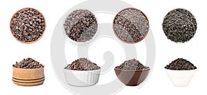 Set of bowls with black salt isolated on white, top and side view. Banner design