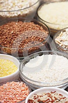 A set of bowls filled with different seeds: buckwheat, rise, corn and oatmeal