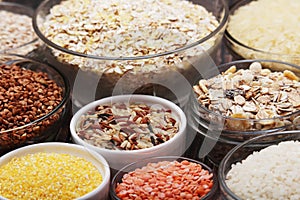 A set of bowls filled with different seeds: buckwheat, rise, corn and oatmeal