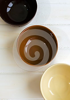 Set of bowls. Written breakfast, lunch, dinner