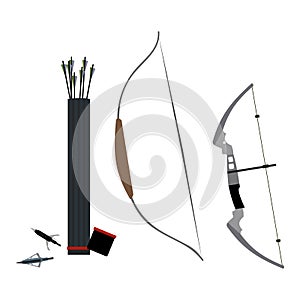 Set of bows, arrowheads and quiver of arrows. Vector illustration.