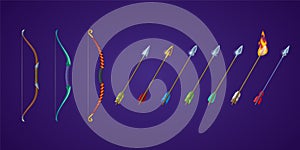 Set bows and arrows for rpg game shop, crossbows