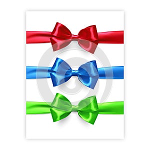 Set of bows of red, green and blue colors isolated on white background, vector made from silk