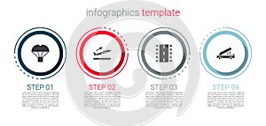 Set Box flying on parachute, Plane takeoff, Airport runway and Passenger ladder. Business infographic template. Vector