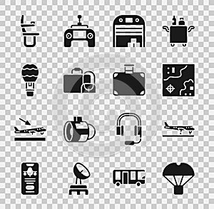 Set Box flying on parachute, Plane, World travel map, Aircraft hangar, Suitcase, Hot air balloon, Airplane seat and icon