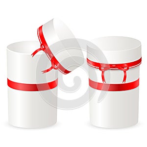 Set of box opening. Closed and open gift box with red satin ribbons and bow. White round containers isolated on white