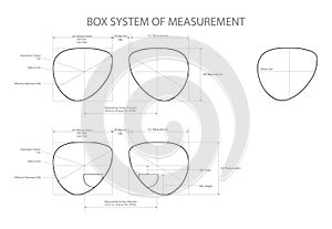 Set of Box System of Measurement of lens glasses Eye frame fashion accessory technical illustration. Sunglass style flat