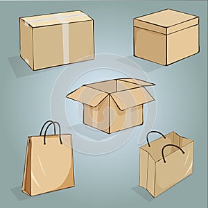 Set of boxes and bags for packaging.