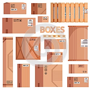 Set of boxes, cargoes and boxes for sending and carriage with markings. Vector illustration