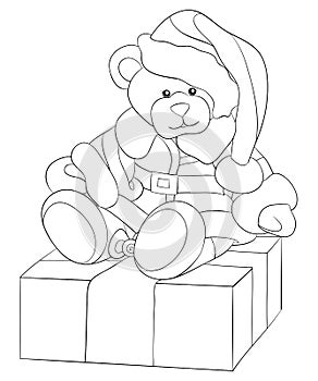 Adult coloring book,page a Christmason bear on the box with decoration ornaments for relaxing.Zentangle.