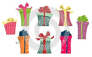 Set of boxes design flat cartoon. Gift box present, ribbon and  box vector, box holiday christmas, surprise for anniversary or bir